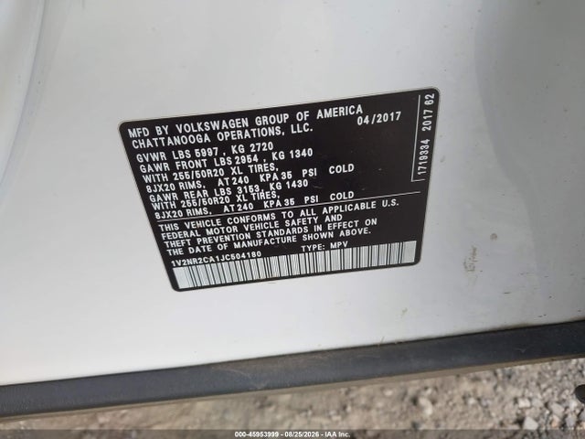 2018 Volkswagen Atlas 3.6l V6 Sel Premium მანქანა იყიდება აუქციონზე, vin: 1V2NR2CA1JC504180, აუქციონის ნომერი: 45953999