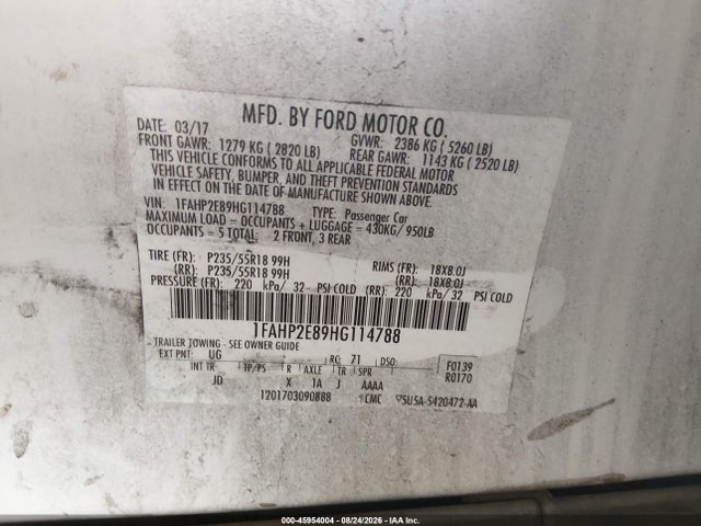 Продаж на аукціоні авто 2017 Ford Taurus Sel, vin: 1FAHP2E89HG114788, номер лоту: 45954004