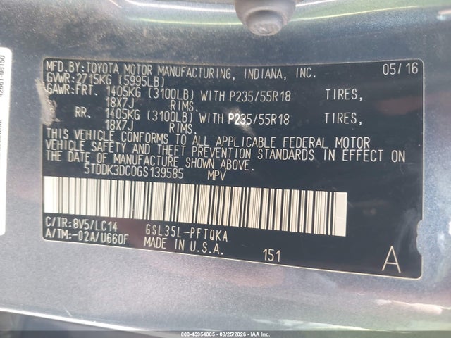 45954005 :رقم المزاد ، 5TDDK3DC0GS139585 vin ، 2016 Toyota Sienna Xle Premium 7 Passenger مزاد بيع