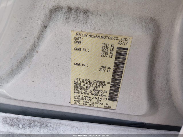 2017 Nissan Altima 2.5 S მანქანა იყიდება აუქციონზე, vin: 1N4AL3AP6HC263473, აუქციონის ნომერი: 45954015