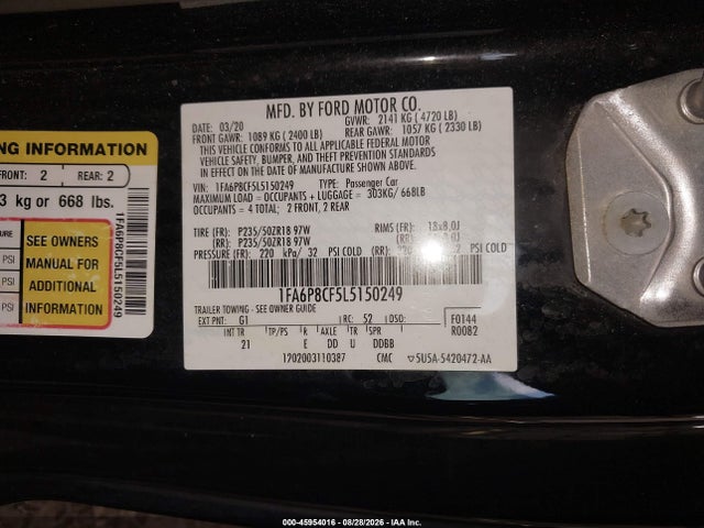 Продажа на аукционе авто 2020 Ford Mustang Gt Fastback, vin: 1FA6P8CF5L5150249, номер лота: 45954016