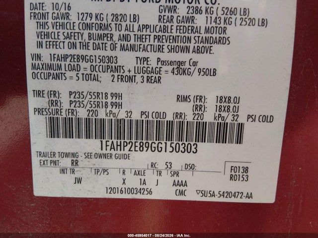 Продажа на аукционе авто 2016 Ford Taurus Sel, vin: 1FAHP2E89GG150303, номер лота: 45954017