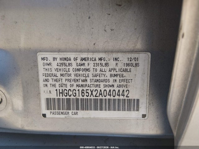 Aukcja sprzedaży 2002 Honda Accord 3.0 Ex, vin: 1HGCG165X2A040442, numer aukcji: 45954033