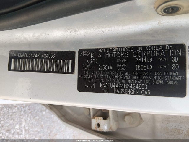 45954041 :رقم المزاد ، KNAFU4A24B5424953 vin ، 2011 Kia Forte Ex مزاد بيع