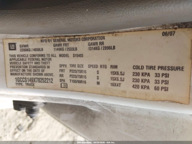 45954045 :رقم المزاد ، 1GCCS149X78252212 vin ، 2007 Chevrolet Colorado Ls مزاد بيع