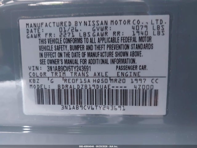 Aukcja sprzedaży 2026 Nissan Sentra Sv, vin: 3N1AB9CV6TY243691, numer aukcji: 45954046