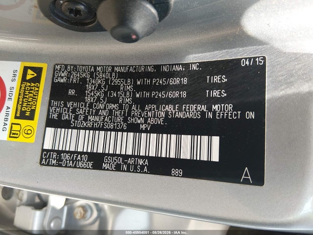 Продажа на аукционе авто 2015 Toyota Highlander Le Plus V6, vin: 5TDZKRFH7FS081376, номер лота: 45954051