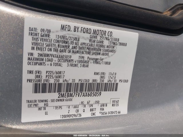 Продаж на аукціоні авто 2010 Mercury Grand Marquis Ls (fleet Only), vin: 2MEBM7FV7AX605059, номер лоту: 45954054