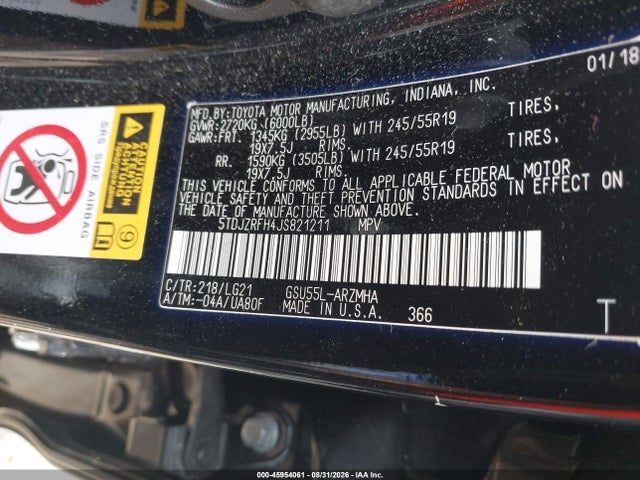 Продаж на аукціоні авто 2018 Toyota Highlander Se, vin: 5TDJZRFH4JS821211, номер лоту: 45954061