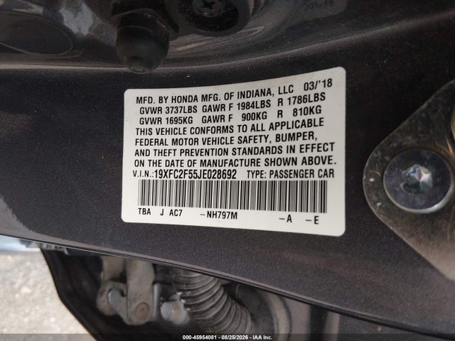 Продаж на аукціоні авто 2018 Honda Civic Lx, vin: 19XFC2F55JE028692, номер лоту: 45954081