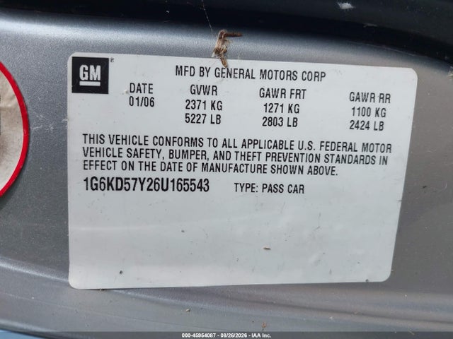45954087 :رقم المزاد ، 1G6KD57Y26U165543 vin ، 2006 Cadillac Dts 1sb مزاد بيع