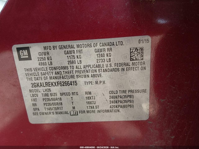 2015 Gmc Terrain Sle-2 მანქანა იყიდება აუქციონზე, vin: 2GKALREKXF6266415, აუქციონის ნომერი: 45954090