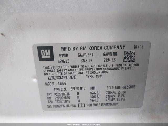 Продажа на аукционе авто 2016 Chevrolet Trax Ls, vin: KL7CJKSB4GB760707, номер лота: 45954113