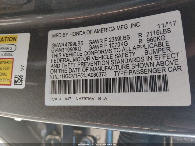 2018 Honda Accord Ex-l მანქანა იყიდება აუქციონზე, vin: 1HGCV1F51JA060373, აუქციონის ნომერი: 45954122