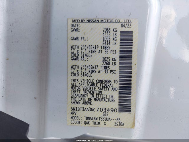 Auction sale of the 2022 Nissan Rogue S Fwd, vin: 5N1BT3AA3NC703490, lot number: 45954155
