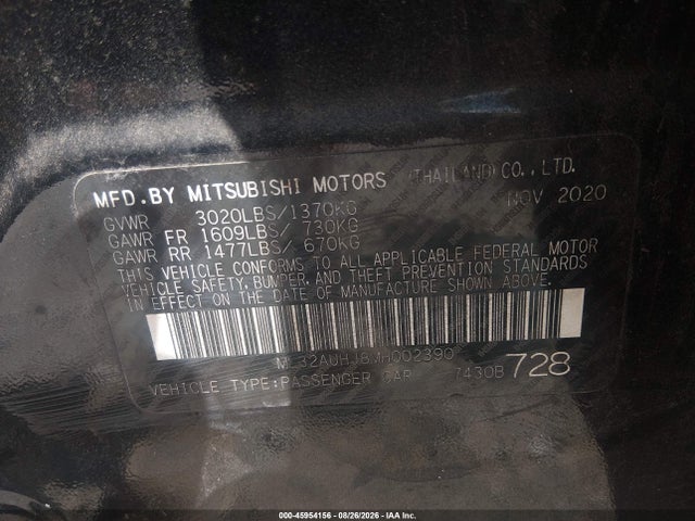 2021 Mitsubishi Mirage Carbonite Edition/es/le მანქანა იყიდება აუქციონზე, vin: ML32AUHJ8MH002390, აუქციონის ნომერი: 45954156