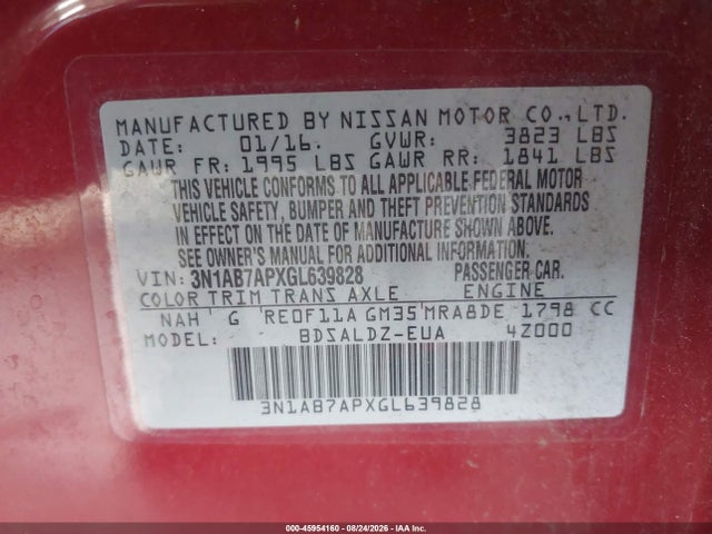 Продажа на аукционе авто 2016 Nissan Sentra Fe+ S/s/sl/sr/sv, vin: 3N1AB7APXGL639828, номер лота: 45954160