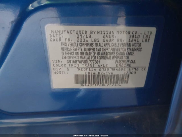Aukcja sprzedaży 2013 Nissan Sentra Sr, vin: 3N1AB7AP8DL777301, numer aukcji: 45954165