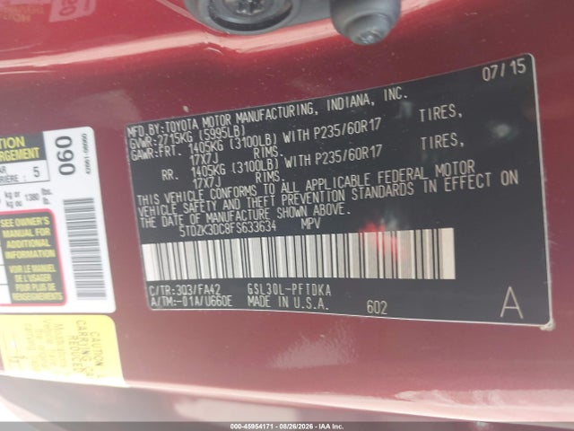 Toyota Sienna L 7 Passenger 2015 5TDZK3DC8FS633634 Image 9