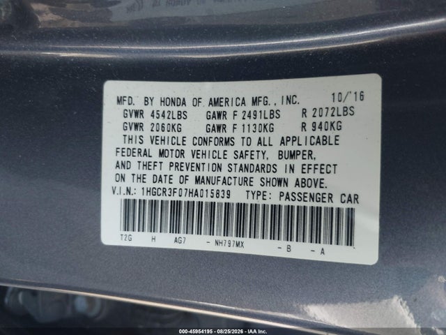 Продажа на аукционе авто 2017 Honda Accord Ex-l V6, vin: 1HGCR3F07HA015839, номер лота: 45954195