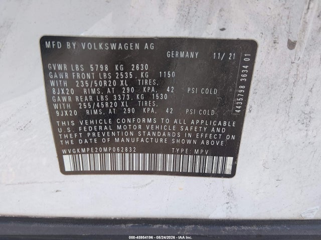 Aukcja sprzedaży 2021 Volkswagen Id.4 Pro S, vin: WVGKMPE20MP062832, numer aukcji: 45954196