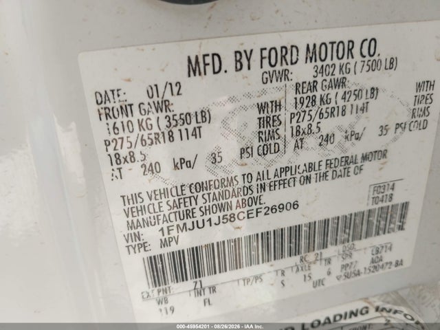 Auction sale of the 2012 Ford Expedition Xlt, vin: 1FMJU1J58CEF26906, lot number: 45954201