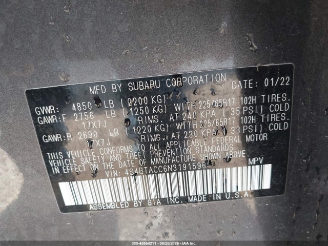 Aukcja sprzedaży 2022 Subaru Outback Premium, vin: 4S4BTACC6N3191596, numer aukcji: 45954211
