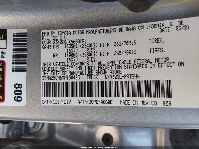 Aukcja sprzedaży 2021 Toyota Tacoma Trd Off-road, vin: 3TMAZ5CN6MM150423, numer aukcji: 45954223