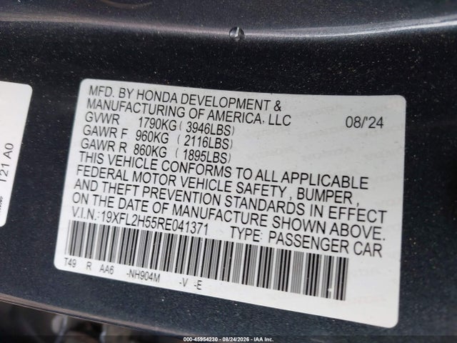 45954230 :رقم المزاد ، 19XFL2H55RE041371 vin ، 2024 Honda Civic Lx مزاد بيع