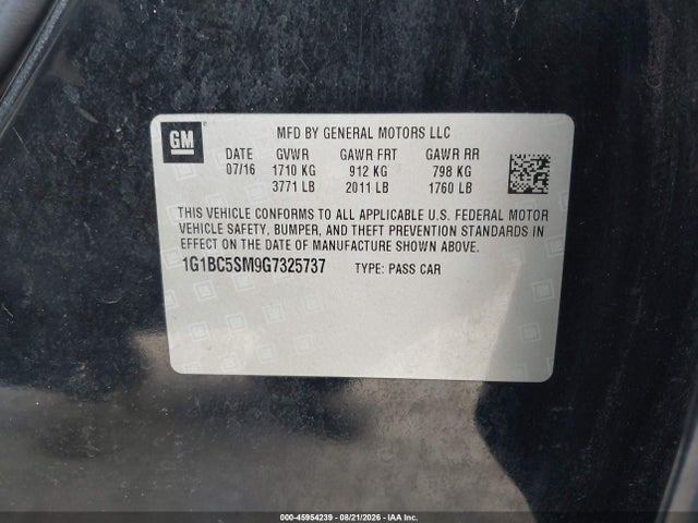 2016 Chevrolet Cruze Ls Auto მანქანა იყიდება აუქციონზე, vin: 1G1BC5SM9G7325737, აუქციონის ნომერი: 45954239