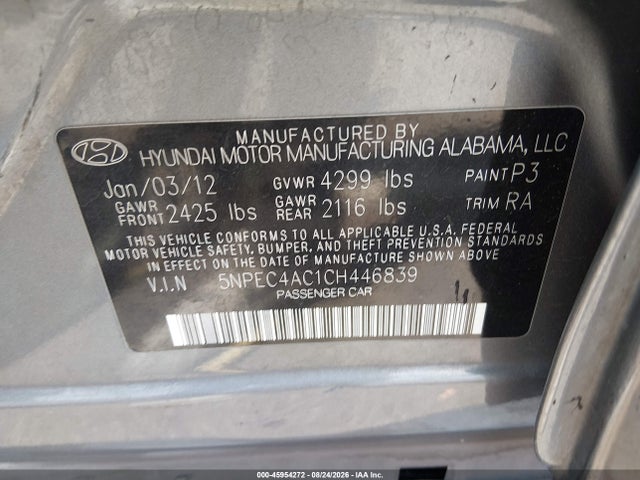 45954272 :رقم المزاد ، 5NPEC4AC1CH446839 vin ، 2012 Hyundai Sonata Limited مزاد بيع