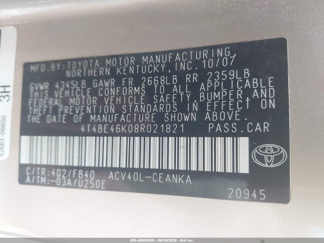Продаж на аукціоні авто 2008 Toyota Camry Le, vin: 4T4BE46K08R021821, номер лоту: 45954300