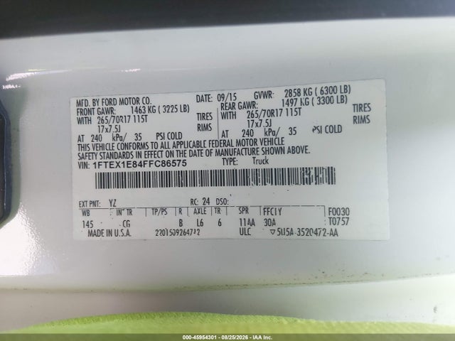 2015 Ford F-150 Xl მანქანა იყიდება აუქციონზე, vin: 1FTEX1E84FFC86575, აუქციონის ნომერი: 45954301