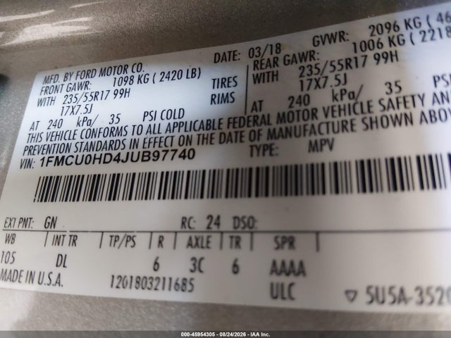 Продаж на аукціоні авто 2018 Ford Escape Sel, vin: 1FMCU0HD4JUB97740, номер лоту: 45954305