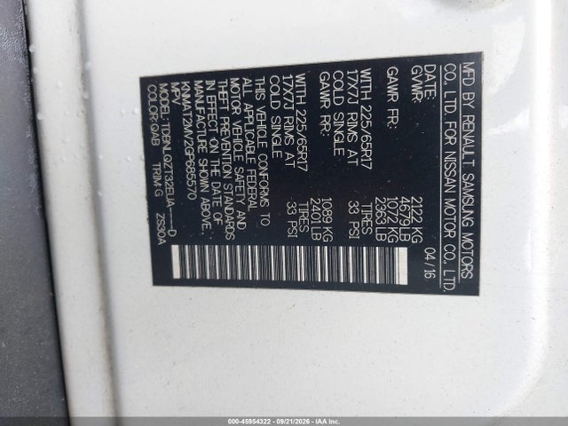 45954322 :رقم المزاد ، KNMAT2MV2GP685570 vin ، 2016 Nissan Rogue Sv مزاد بيع