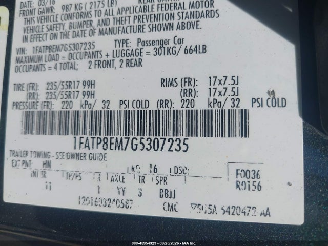 2016 Ford Mustang V6 მანქანა იყიდება აუქციონზე, vin: 1FATP8EM7G5307235, აუქციონის ნომერი: 45954323
