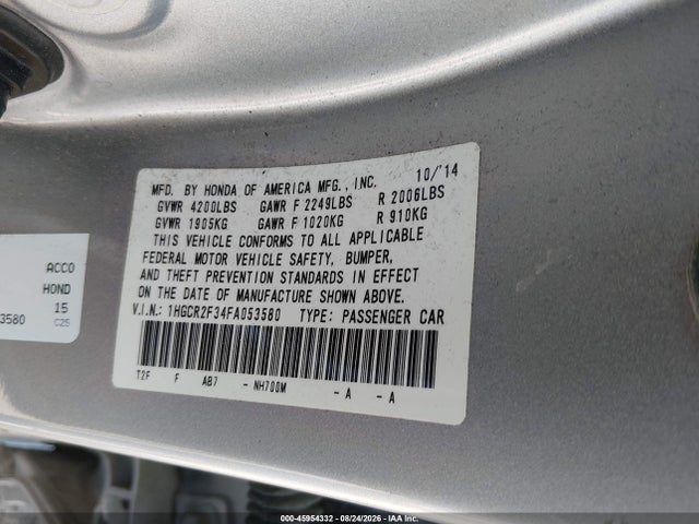 Продаж на аукціоні авто 2015 Honda Accord Lx, vin: 1HGCR2F34FA053580, номер лоту: 45954332