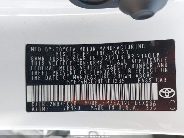 2022 Toyota Corolla Se მანქანა იყიდება აუქციონზე, vin: 5YFP4MCE2NP103385, აუქციონის ნომერი: 45954338