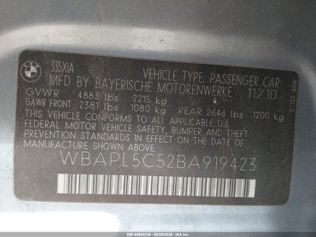 Продажа на аукционе авто 2011 Bmw 335i Xdrive, vin: WBAPL5C52BA919423, номер лота: 45954339