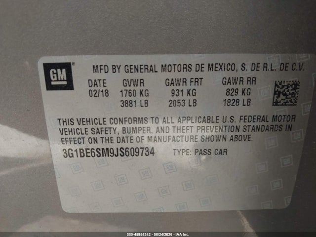 Продажа на аукционе авто 2018 Chevrolet Cruze Lt Auto, vin: 3G1BE6SM9JS609734, номер лота: 45954342