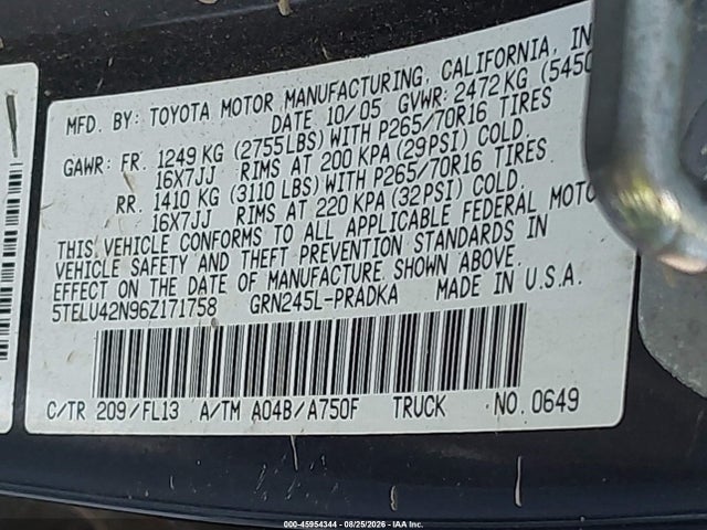 45954344 :رقم المزاد ، 5TELU42N96Z171758 vin ، 2006 Toyota Tacoma Base V6 مزاد بيع