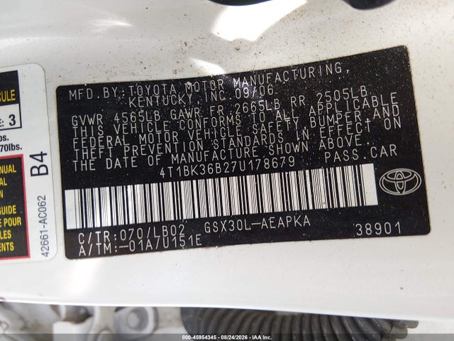 Aukcja sprzedaży 2007 Toyota Avalon Limited, vin: 4T1BK36B27U178679, numer aukcji: 45954345