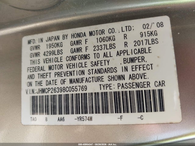 2008 Honda Accord 2.4 Lx მანქანა იყიდება აუქციონზე, vin: JHMCP26398C055769, აუქციონის ნომერი: 45954347