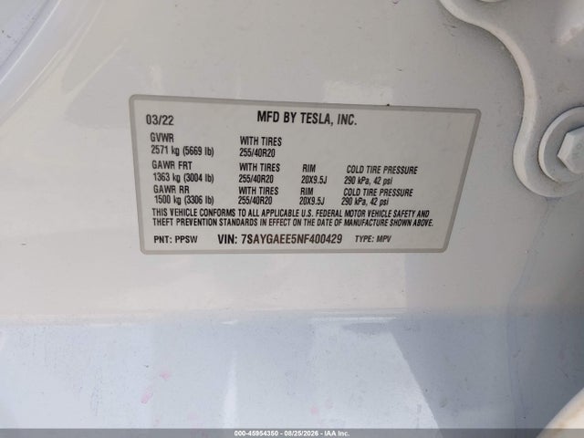 7SAYGAEE5NF400429 Tesla Model Y Long Range Dual Motor All-wheel Drive