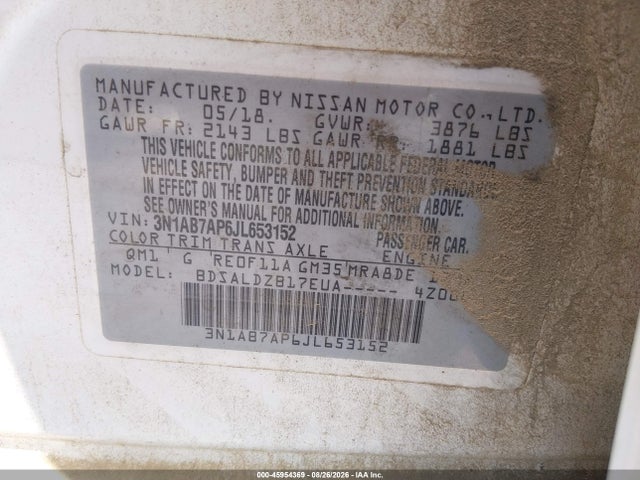 2018 Nissan Sentra Sv მანქანა იყიდება აუქციონზე, vin: 3N1AB7AP6JL653152, აუქციონის ნომერი: 45954369