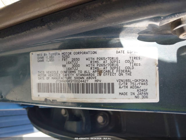 45954374 :رقم المزاد ، JT3HN86R9T0024427 vin ، 1996 Toyota 4runner Sr5 مزاد بيع