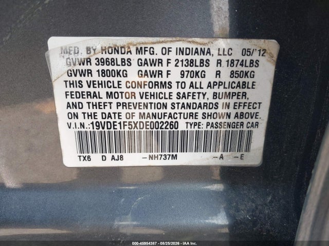 45954387 :رقم المزاد ، 19VDE1F5XDE002260 vin ، 2013 Acura Ilx 2.0l مزاد بيع