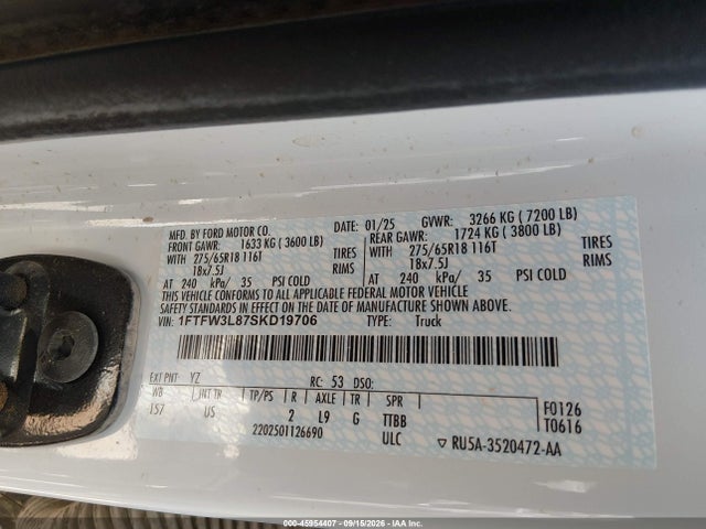 2025 Ford F-150 Xlt მანქანა იყიდება აუქციონზე, vin: 1FTFW3L87SKD19706, აუქციონის ნომერი: 45954407