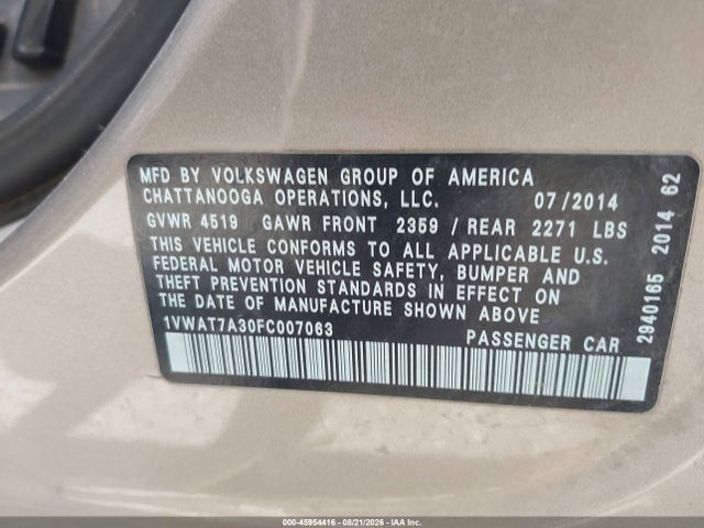 1VWAT7A30FC007063 Volkswagen Passat 1.8t Wolfsburg Edition