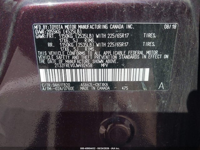 2018 Toyota Rav4 Le მანქანა იყიდება აუქციონზე, vin: 2T3ZFREV0JW492458, აუქციონის ნომერი: 45954432